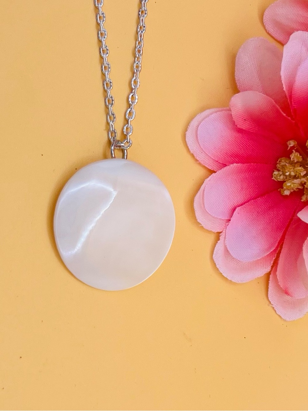 Mother-of-Pearl Round Pendant Necklace in White - Women Jewelry